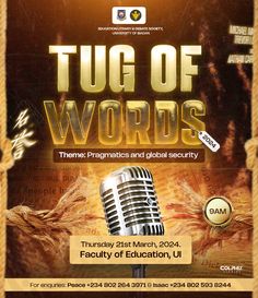 the flyer for tug of words, featuring an old fashioned microphone and gold rope frame