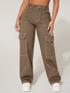 Mocha Brown  Collar  Denim Plain Straight Leg Embellished Non-Stretch  Women Clothing Cargo Pants Outfit Teen Girl, Light Brown Cargo Pants, Jean Cargos, Flap Pocket Cargo Jeans, Cargo Pants Color, Brown Clothing, Cargo Pants Style, Style Cargo Pants, Brown Jeans