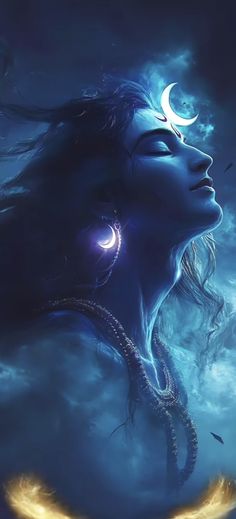 a woman with her eyes closed and the moon above her head is in the sky