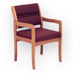 a wooden chair with purple upholstered seat and arm rests on an isolated white background