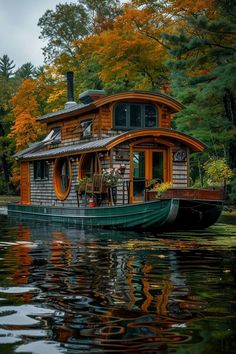 a house boat floating on top of a body of water