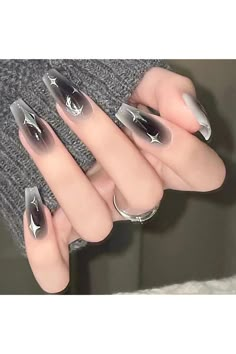 24PCS Grey Black Press on Nails Medium Length Fake Nails Glossy White Silver False?Nails Star Moon Blush designs Artificial Acrylic fingernails for Women Girls Full Cover Glue on Nails Paznokcie Hello Kitty, Unghie Sfumate, Blush Nails, Pretty Gel Nails, Nail Swag, Star Nails, Silver Nails