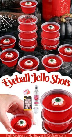 red jello shots are stacked on top of each other with the words, eyeball jello shots