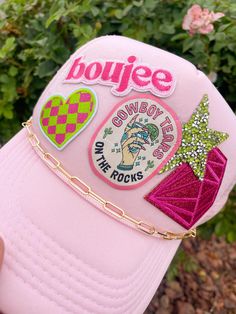 Giving all the pink cowgirl vibes with the unique trucker hat. This one of a kind design is sure to stand out in a crowd.   SnapBack closure  foam front, mesh back  one of a kind  one size fits all   adult fitting Women With Hat, Hat Chain, Cowgirl Vibes, Slouch Socks, Pink Cowgirl, Cow Girl, Hat For Women, Baseball Caps, Trucker Hats