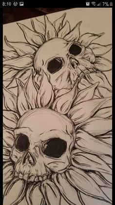 two skulls with sunflowers on them are drawn in black and white ink by hand