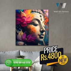 a living room with a couch and painting on the wall above it that says price rs 4800