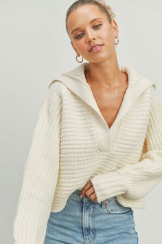 knit collared sweater , ivory sweater, v-neckline knit sweater, ribbed sweater, cropped sweater, fall sweater, fall fashion, fall outfit inspo, outfit inspo 2023, fall outfit, winter fashion, winter outfits, winter sweater, ootd, ootn, travel outfit, sweater, going out outfit, everyday outfit, date night outfit, online shopping, Christmas outfit, clothing brand, online clothing store, concert fashion, aesthetic fashion, holiday fashion, trendy fashion, pumpkin patch outfit, thanksgiving outfit Winter Sweater Outfits Women, Cozy Winter Tops, Sweatshirt And Jeans Outfit, Wool Sweater Outfit, White Oversized Sweater, Throwing Fits, Church Fits, Pullovers Outfit, Clothing Wishlist