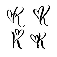 the letter k is made up of hearts and letters that are drawn in black ink