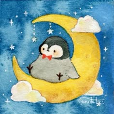 a painting of a penguin sitting on the moon