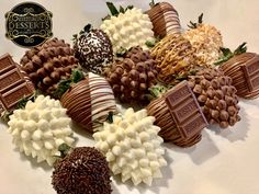 chocolate covered strawberries are arranged on a white plate with the words prestige desserts