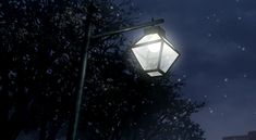 a street light sitting next to a tree on a dark night with snow falling all over the ground