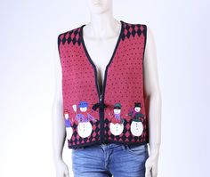 Red Vintage Christmas Sweater Vest with Snowmen Cute Vintage