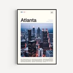 the atlanta magazine cover is shown in black and white, with an image of skyscrapers lit up at night