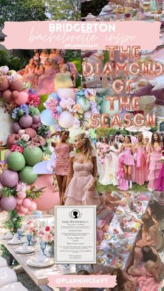 the diamond of the season collage with pink and green balloons, flowers, and other items