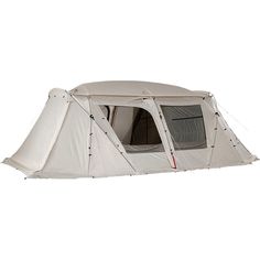 a white tent with the door open on a white background, it is set up and ready to be used for camping