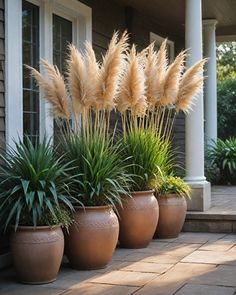 three large planters filled with plants sitting on the side of a house's front porch