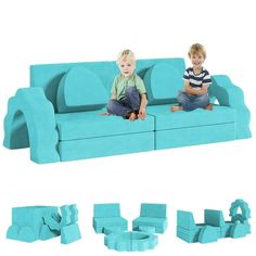 two young boys sitting on a blue couch with blocks in the shape of rectangles