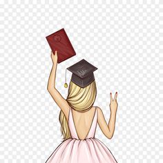 a girl wearing a graduation cap and gown with her hand up in the air while she holds