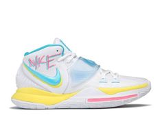 the nike zoom basketball shoe is white and blue with yellow, pink, and green accents