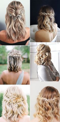 four pictures of different hairstyles and hair accessories for the bride to wear on her wedding day