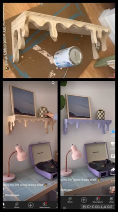 three different shots of the same room with various things on it and one is being used as a desk