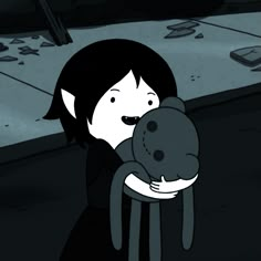 a cartoon girl holding a stuffed animal in her arms and looking at the ground below