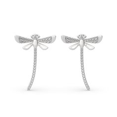 These sterling silver dragonfly earrings are symbolic of a lighter and brighter outlook on life - reminding us to live life to the fullest. This piece is undeniably shimmering and powerfully eye-catching - a dragonfly weaving through an earlobe is rarely seen! They make a delicate and meaningful gift for a loved one. Love life with our cute dragonfly climber earrings!Carat Weight: 0.748 ctStone Size: 1,1.2,1.3 mmStone Type: Jeulia® StoneNumber of Stones: 64 Stone Shape: RoundStone Color: Diamond Elegant Sterling Silver Dragonfly Earrings, Elegant Hypoallergenic Dragonfly Earrings, Elegant Dragonfly Earrings With Ear Wire, Cute Dragonfly, Live Life To The Fullest, Dragonfly Earrings, Climber Earrings, One Love, Gifts For My Sister