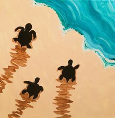 an acrylic painting of two sea turtles swimming in the ocean on a beach