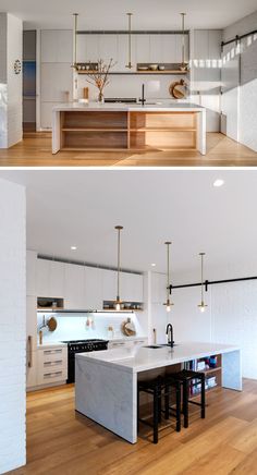 two pictures of an open kitchen and living room with white walls, wood flooring and counter tops