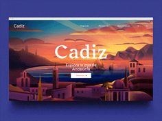 the website for cadiz is displayed in front of a blue background with an orange sunset