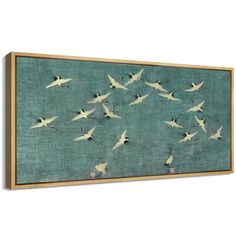 a painting with birds flying in the sky on a green background canvas wall art print