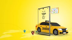 a taxi cab is parked in front of a map and location markers on a yellow background