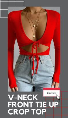 Deep V-Neck Front Tie Up Crop Tops. You'll never want to wear anything but this for the rest of your life! With a deep V-neck and long sleeve, our Front Tie Up crop tops are the perfect conversation starter. #AestheticSoul #AestheticFashion #90sFashion Basic Crop Tops, Tops Fall Outfits, Tie Up Crop Top, Tie Front Top, Top Streetwear, Long Dress Casual