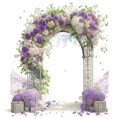 an arch decorated with purple and white flowers