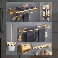 gold bathroom accessories including toilet paper, soap dispenser and towel rack with hanging bar