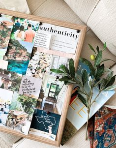 a wooden frame with pictures and plants on it next to other items that are sitting on the couch