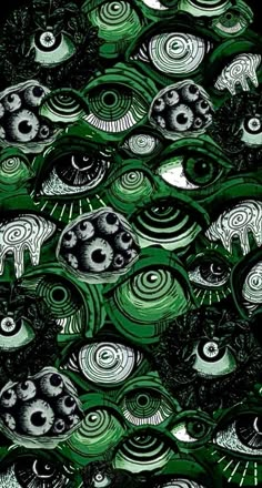 an abstract painting with green and black colors