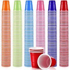 a stack of colorful cups next to each other