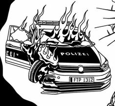 a black and white drawing of a police car with flames coming out of the hood