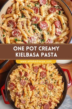 one pot creamy kielbasa pasta in a skillet