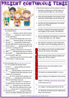 the present continuous tense worksheet is shown in purple and blue with an image of two