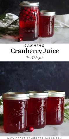 three jars filled with cranberry juice on top of a table