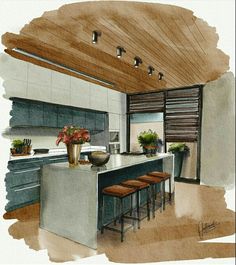 a watercolor painting of a kitchen island with stools and potted plants on the counter