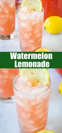 two glasses filled with watermelon lemonade on top of a table next to sliced lemons