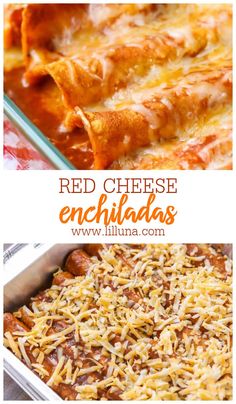 red cheese enchiladas in a casserole dish with text overlay