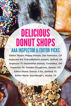 various donuts with sprinkles and nuts on them are featured in this ad