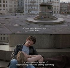 the twilight saga movie scene with two people sitting in front of a fountain and one person hugging