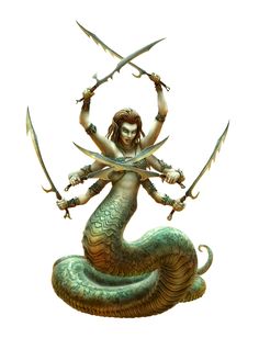 a drawing of a woman with two swords in her hands, and a snake like body