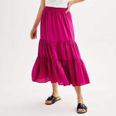 Upgrade your wardrobe with this Women's Sonoma Goods For Life® Tiered Midi Skirt.Click on this WOMEN'S GUIDE to find the perfect fit and more! Upgrade your wardrobe with this Women's Sonoma Goods For Life® Tiered Midi Skirt.Click on this WOMEN'S GUIDE to find the perfect fit and more! FEATURES A-line silhouette Tiered skirt No closure - pull-on stylingFIT & SIZING Regular fit 35-in. length Midi length hits below the knee Midrise sits on the high hip Elastic waistbandFABRIC & CARE Rayon, nylon Ma Tiered Midi Skirt, Petite Size Chart, Pink Garden, High Hips, Tier Skirt, Womens Size Chart, Tiered Skirt, Bottom Clothes, Life Size