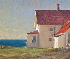 a painting of a house by the ocean with an orange roof and red shingles